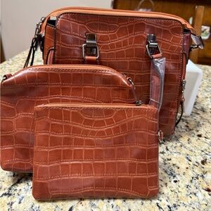 Croc-Embossed Three-Piece Crossbody Set in Brown,